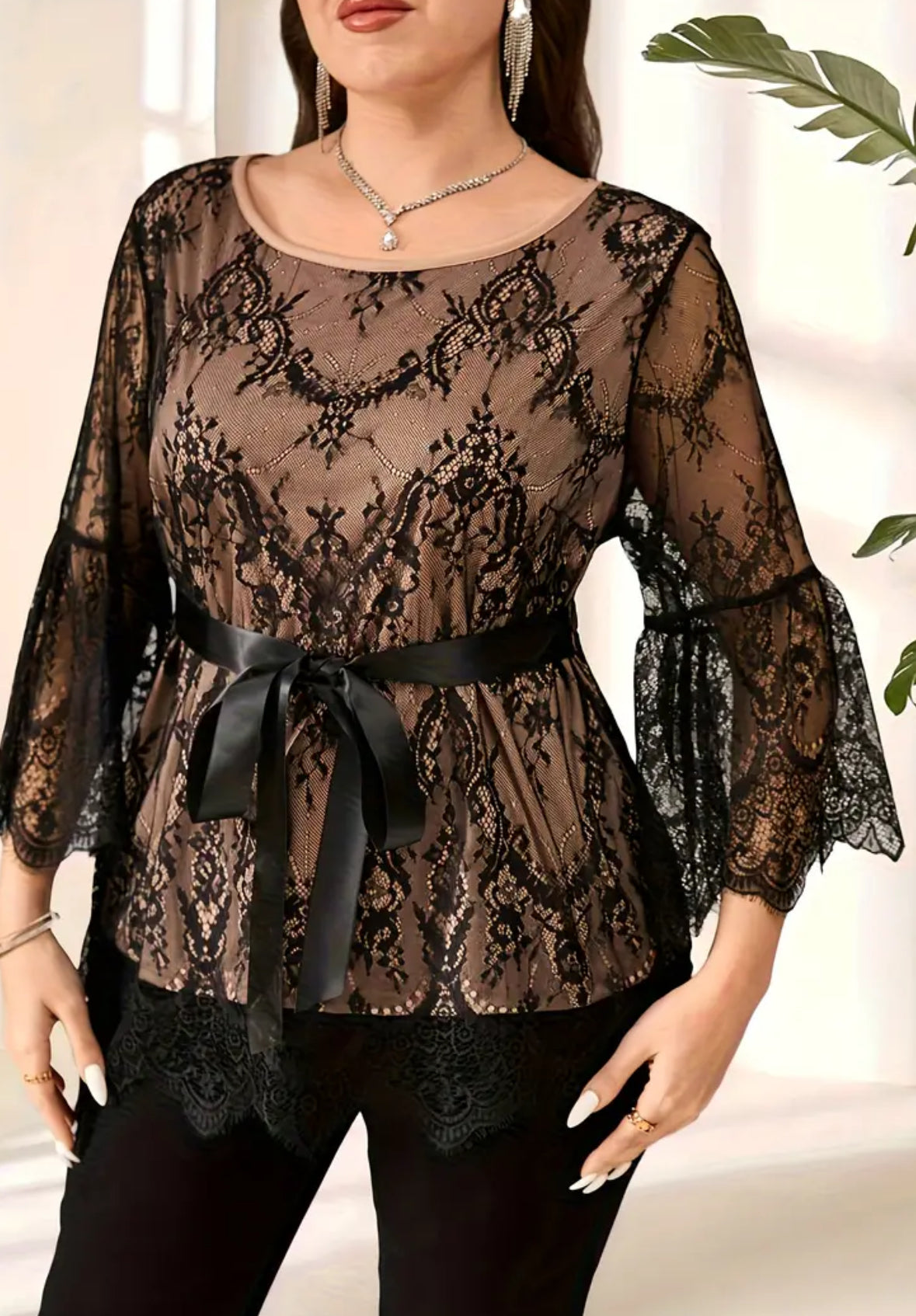 Plus Size Lace Blouse with Bell Sleeves