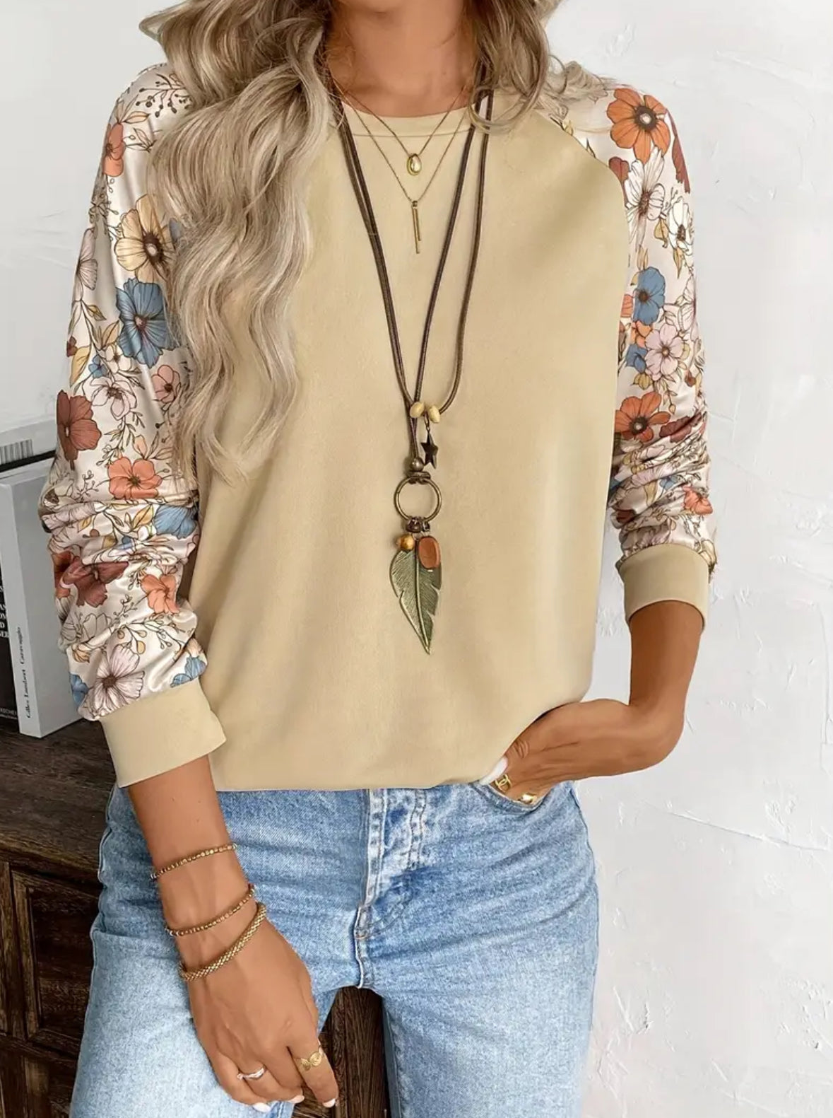 Long Sleeve Top with Floral Sleeves