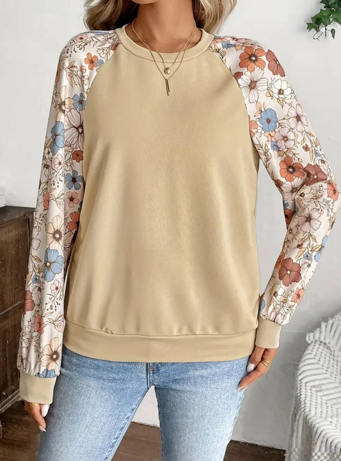 Long Sleeve Top with Floral Sleeves