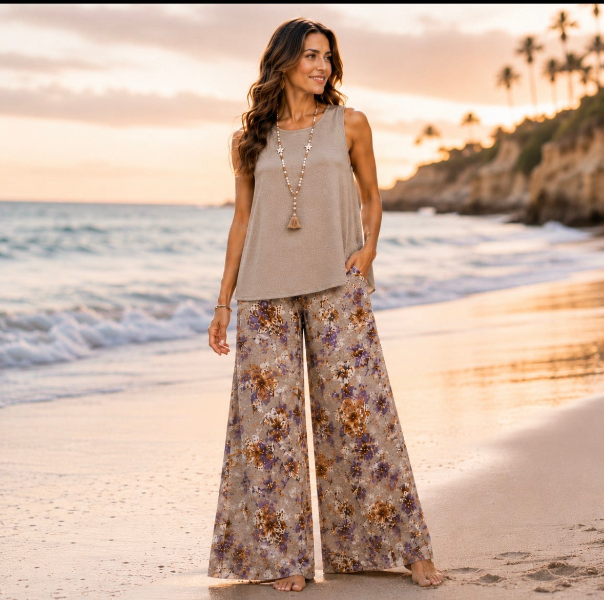 2-piece  Short-Sleeve Solid Top And Floral Pants Set  