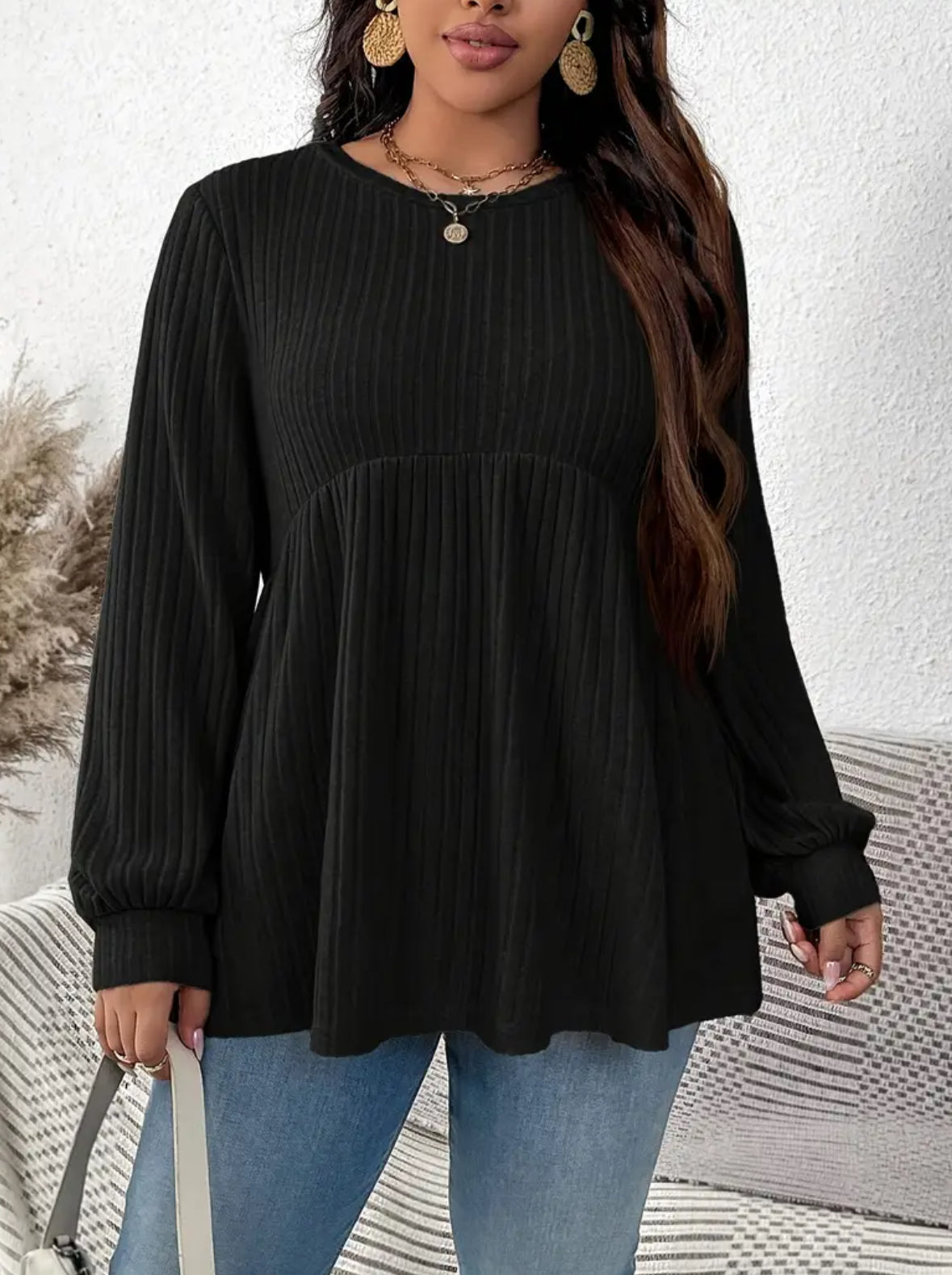 Plus Size Ribbed Batwing Sleeve Top