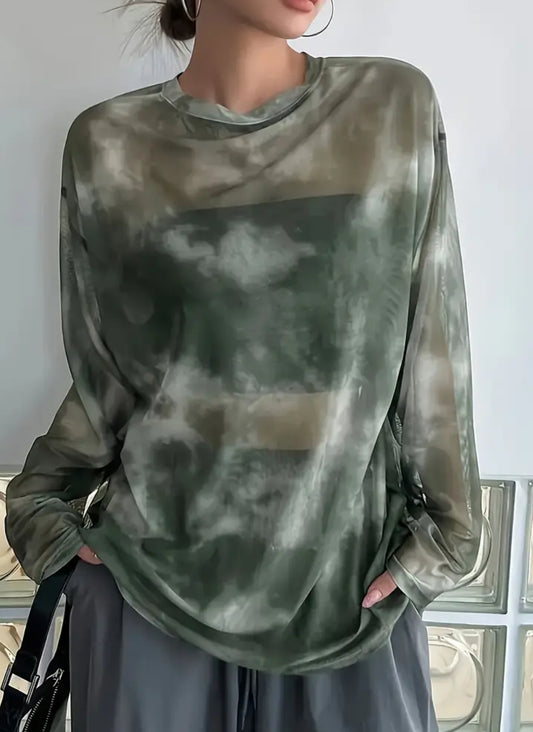 Plus Size Oversized Sheer Long Sleeve Pullover Top