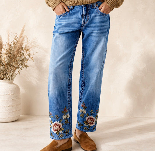 Retro Flower Embroidered Wide-Leg Denim Loose Fit Jeans