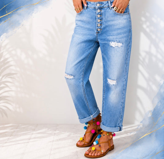 Straight-Leg Button Fly Stretchy Loose Fit Jeans
