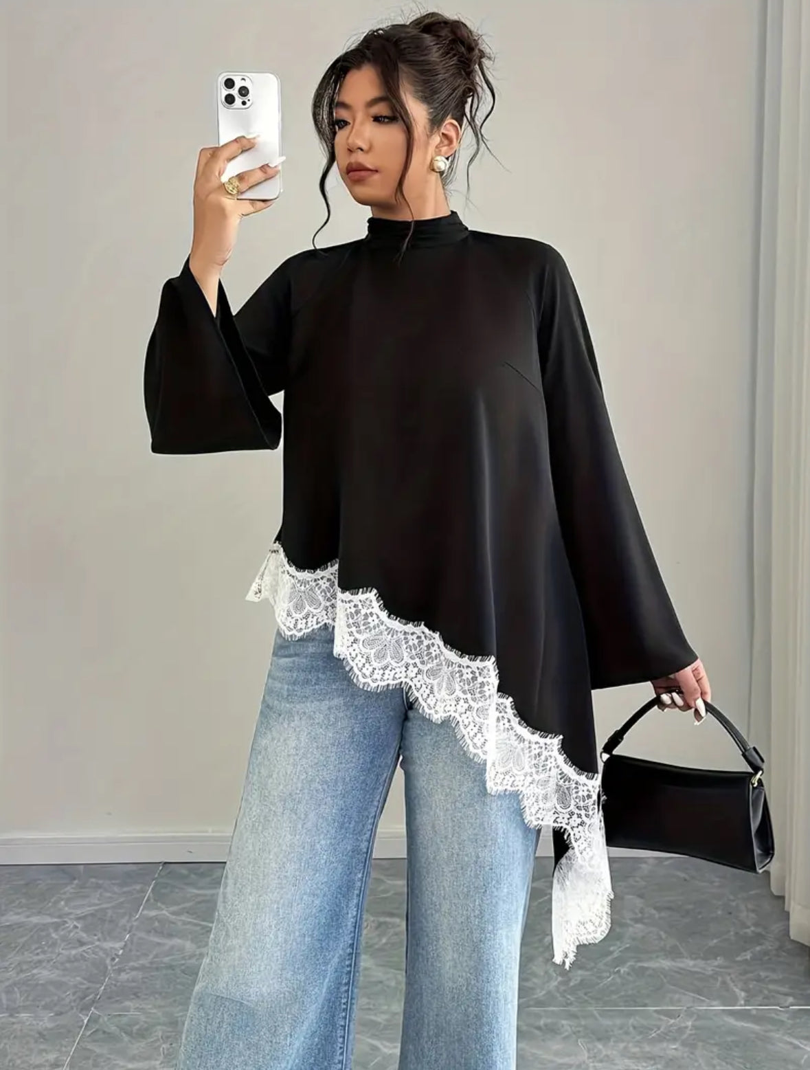Plus Size Asymmetrical Laced Trim Top