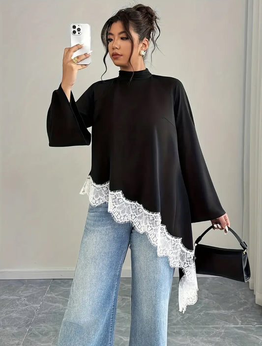 Plus Size Asymmetrical Laced Trim Top