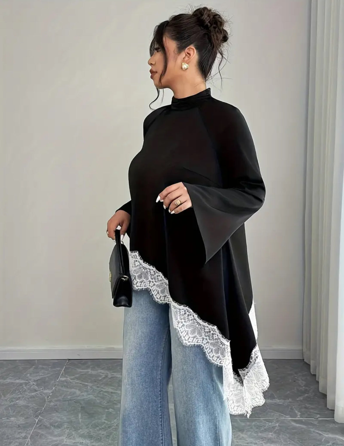 Plus Size Asymmetrical Laced Trim Top