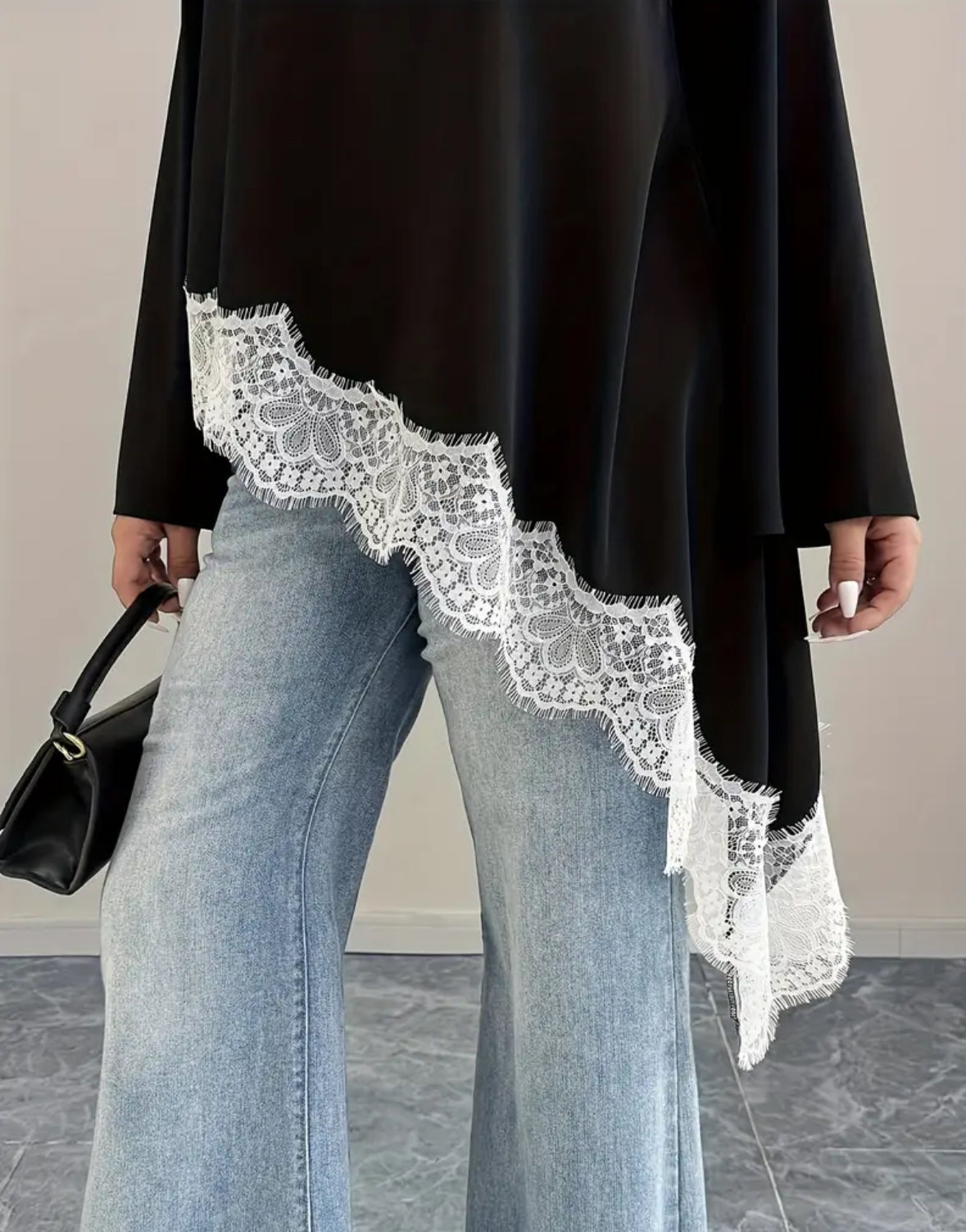 Plus Size Asymmetrical Laced Trim Top