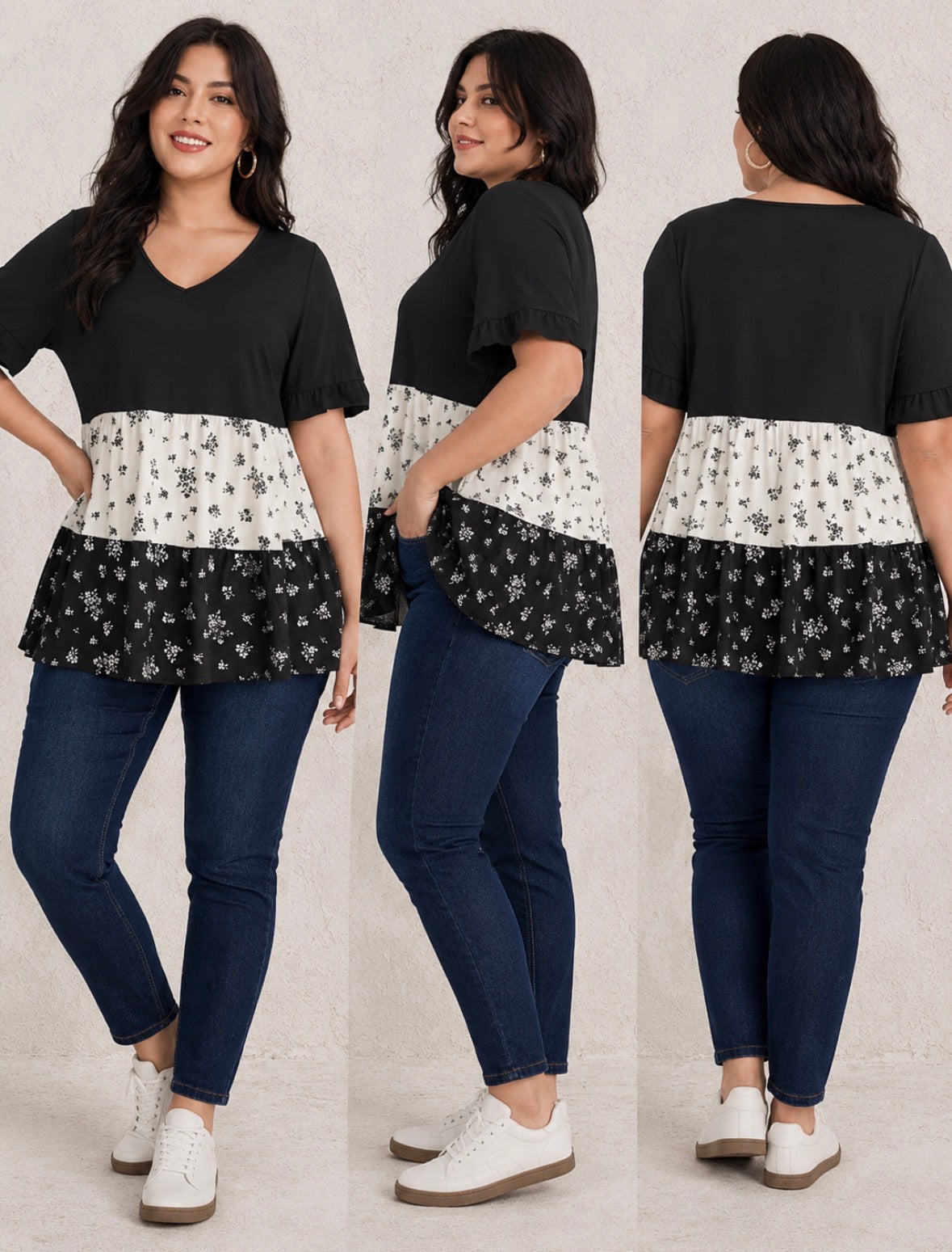Plus Size Loose Short Sleeve Shirt with Ruffle Hem and Floral Print