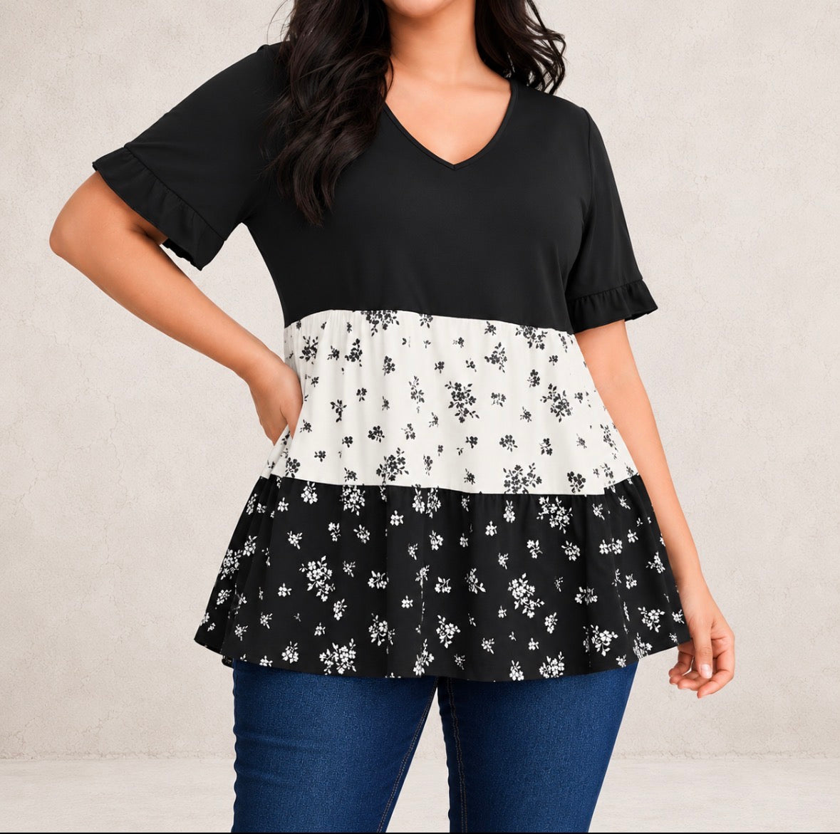 Plus Size Loose Short Sleeve Shirt with Ruffle Hem and Floral Print