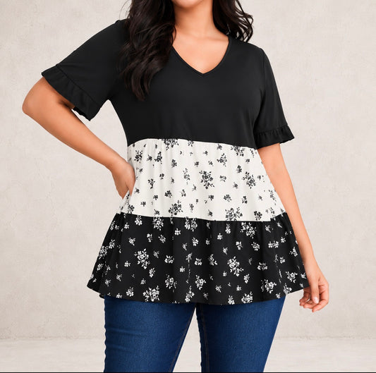 Plus Size Loose Short Sleeve Shirt with Ruffle Hem and Floral Print