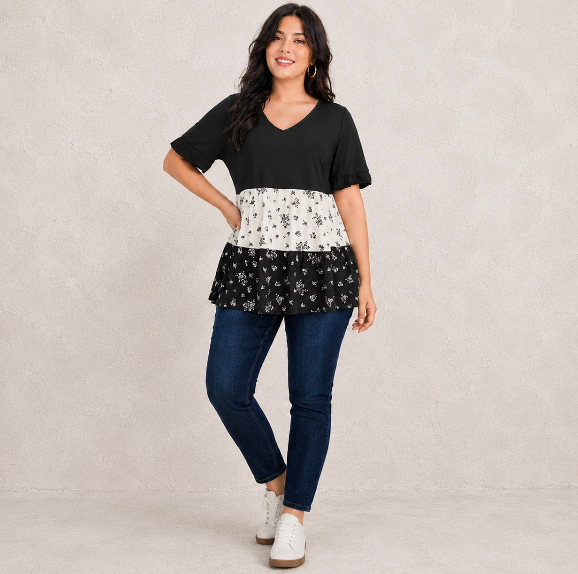 Plus Size Loose Short Sleeve Shirt with Ruffle Hem and Floral Print