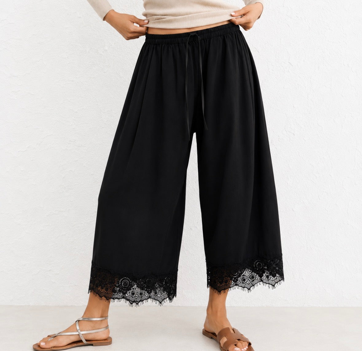 High-Waisted Loose and Flowy Wide-Leg Pants with Lace Hem