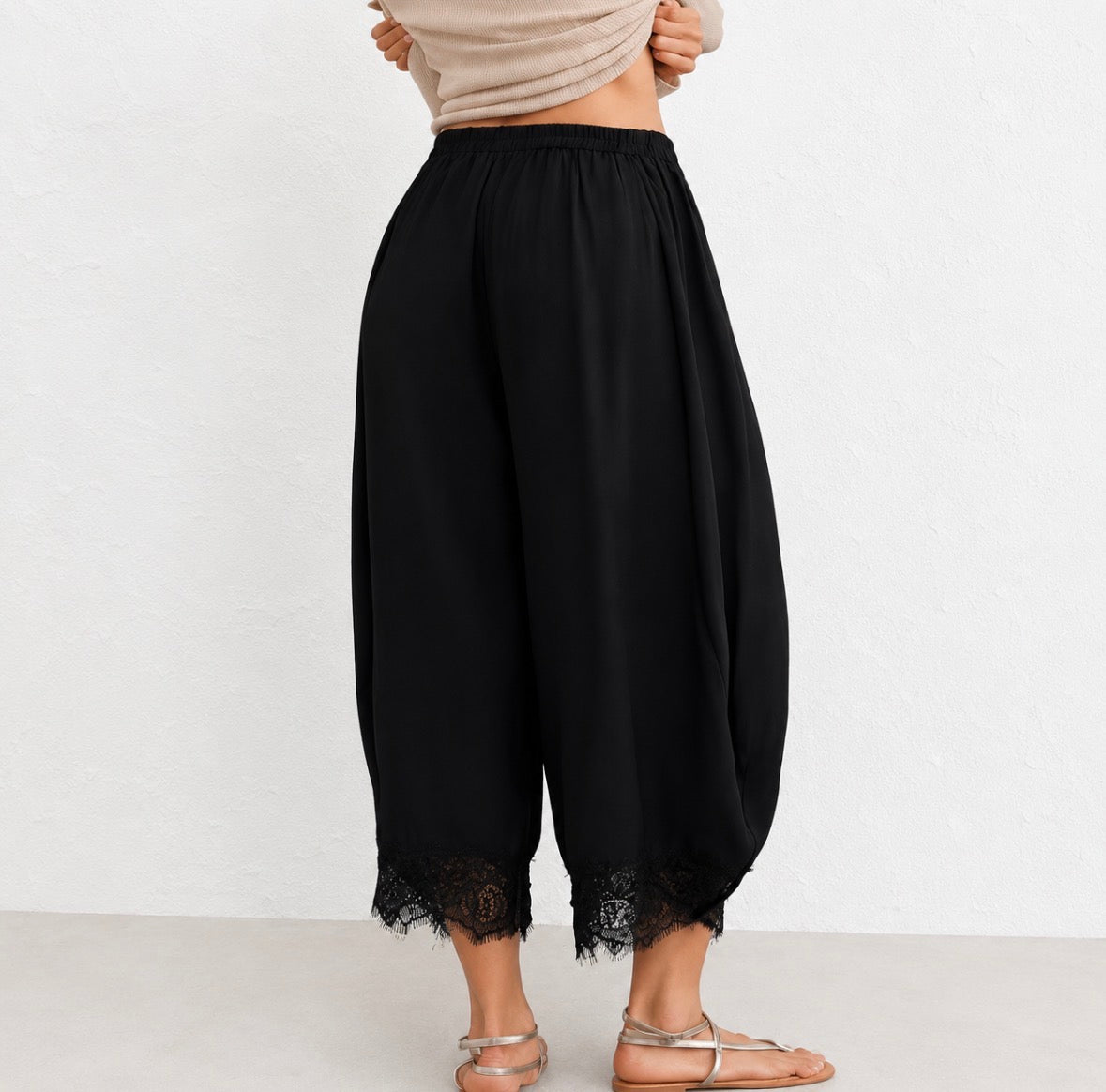 High-Waisted Loose and Flowy Wide-Leg Pants with Lace Hem
