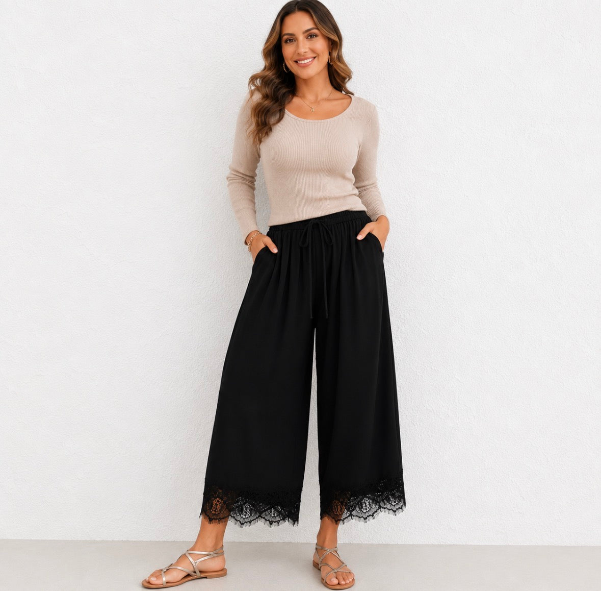 High-Waisted Loose and Flowy Wide-Leg Pants with Lace Hem