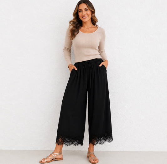 High-Waisted Loose and Flowy Wide-Leg Pants with Lace Hem
