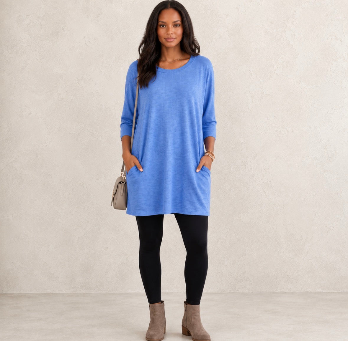 Loose V-Neck Longline Three-Quarter Sleeves Top with Pockets