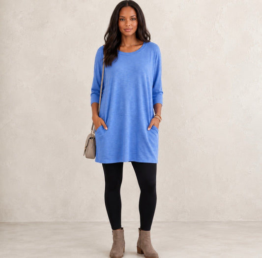 Loose V-Neck Longline Three-Quarter Sleeves Top with Pockets