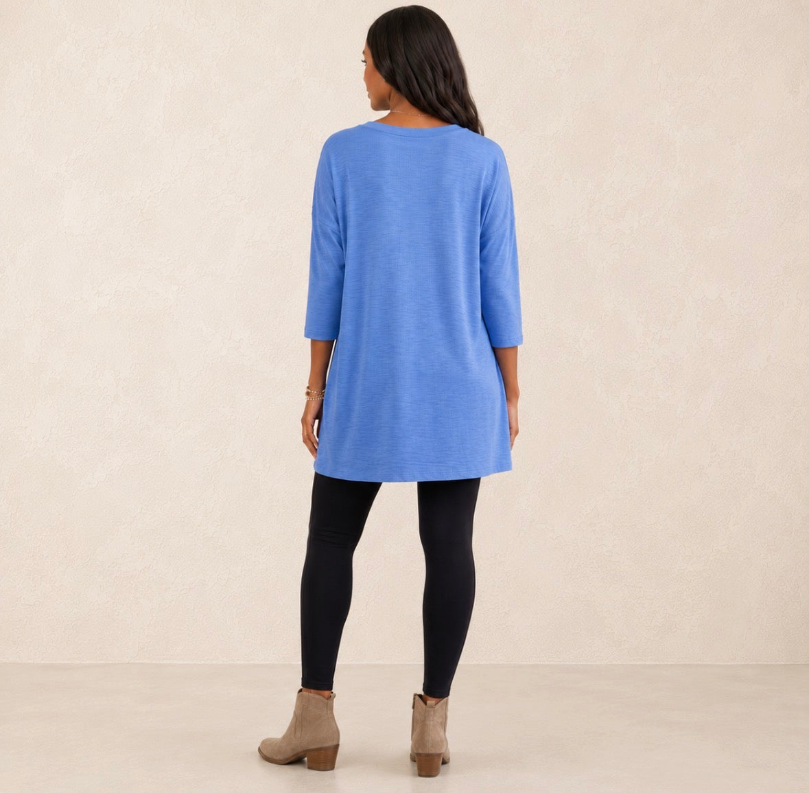 Loose V-Neck Longline Three-Quarter Sleeves Top with Pockets