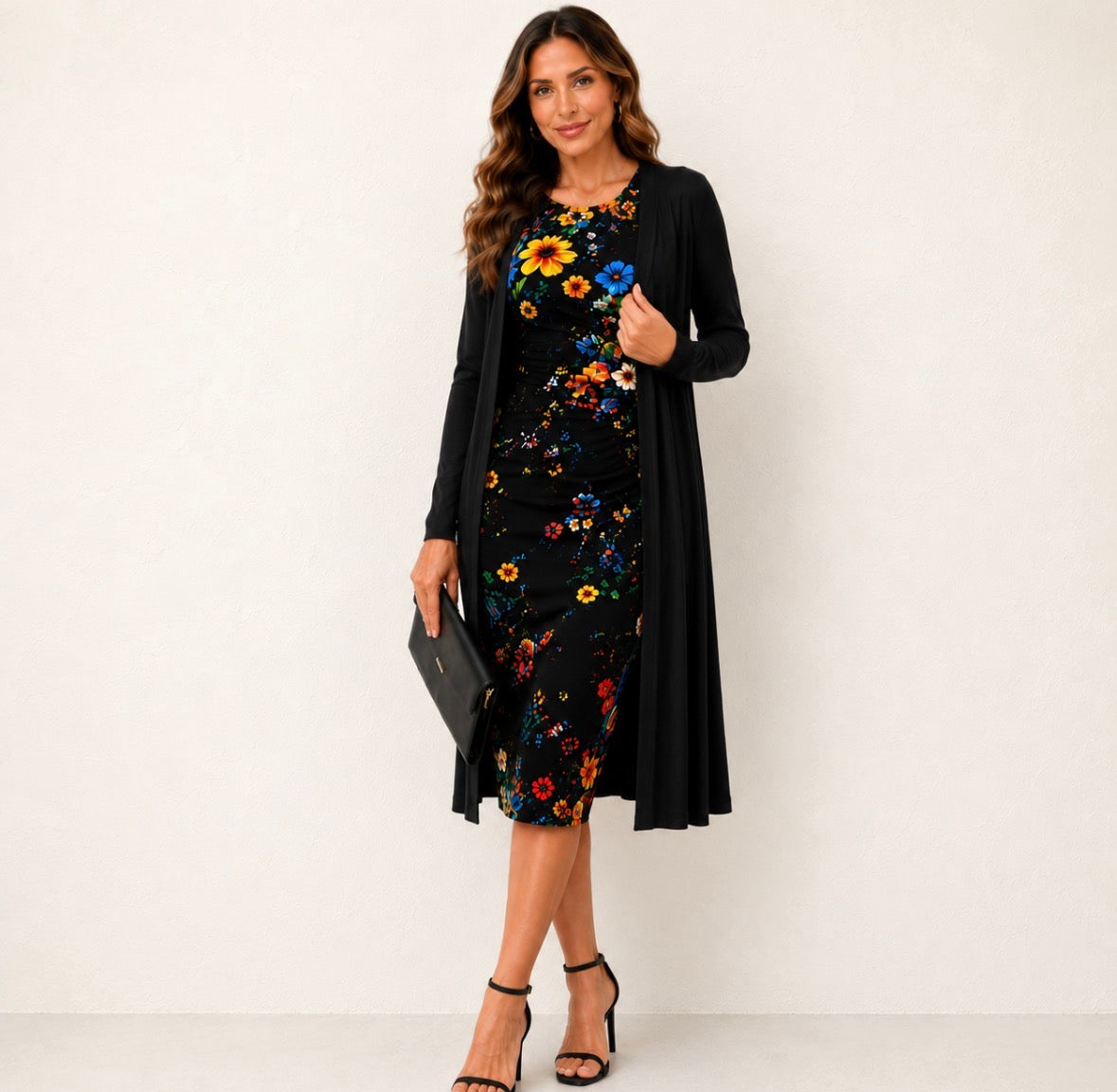 Plus Size 2-piece Sleeveless Waist Defining Dress with Solid Long Cardigan