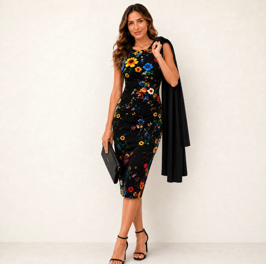 Plus Size 2-piece Sleeveless Waist Defining Dress with Solid Long Cardigan