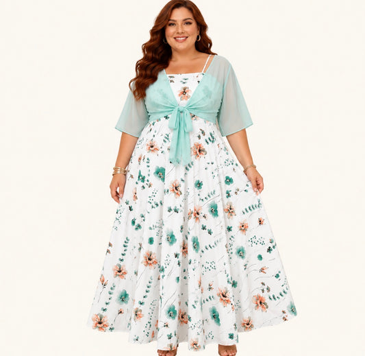 Plus Size 2-piece Floral Cami Midi Dress with Short Sleeve Cardigan