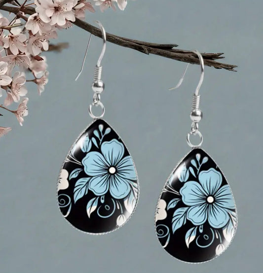 Hand Painted Floral Glass Earrings