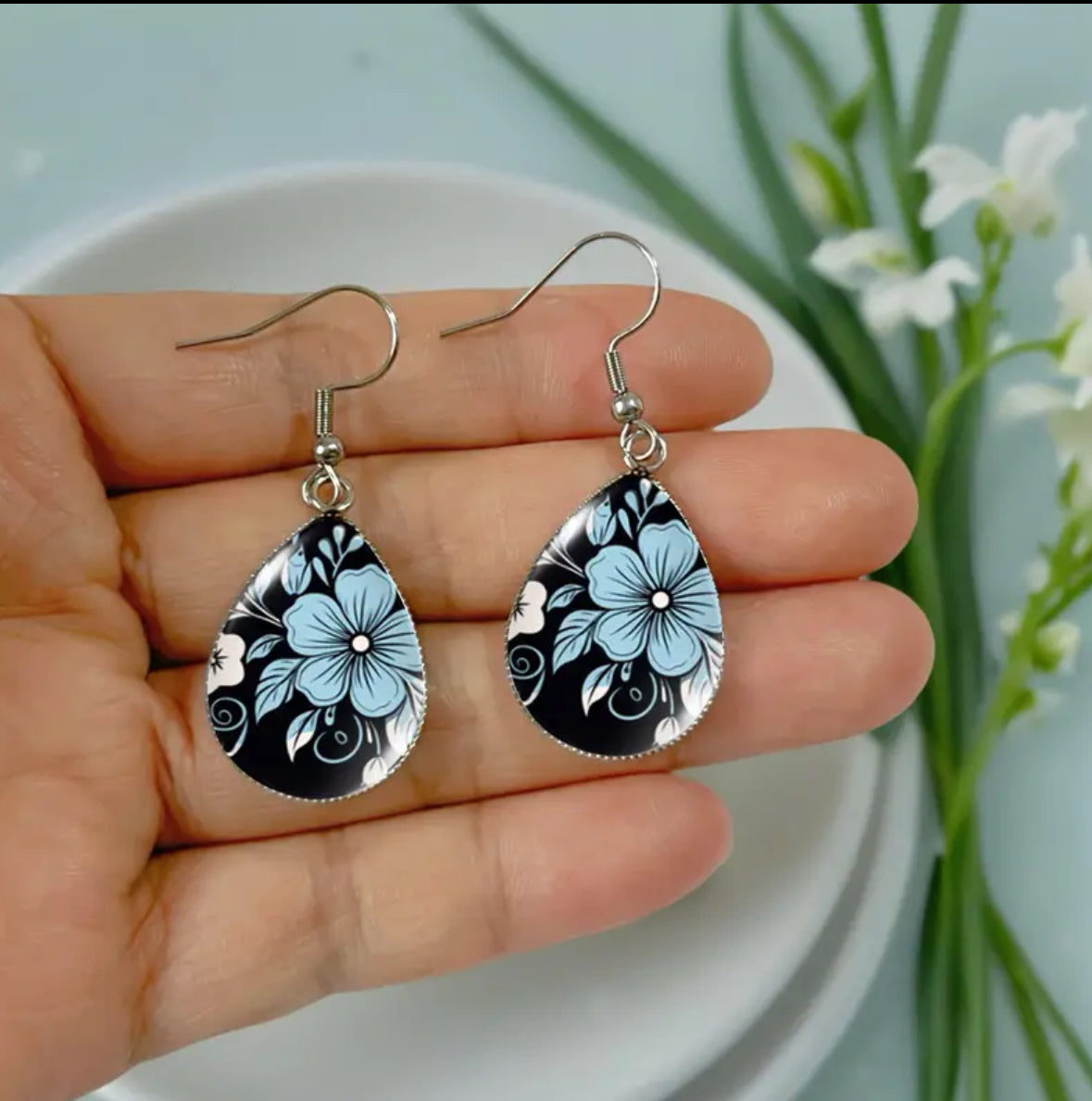 Hand Painted Floral Glass Earrings