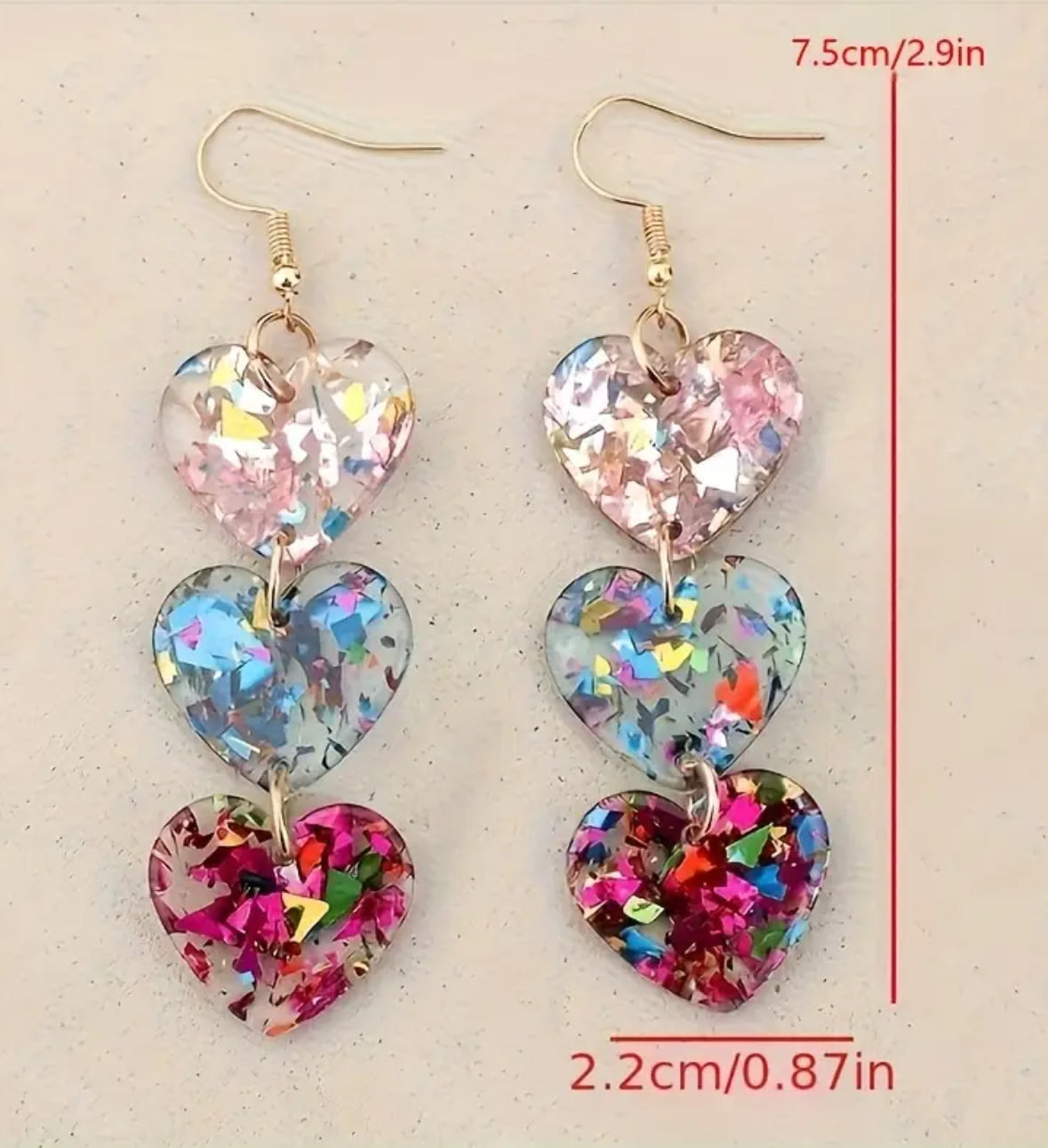 Glittering Dangling Tri-Heart Shape Earrings