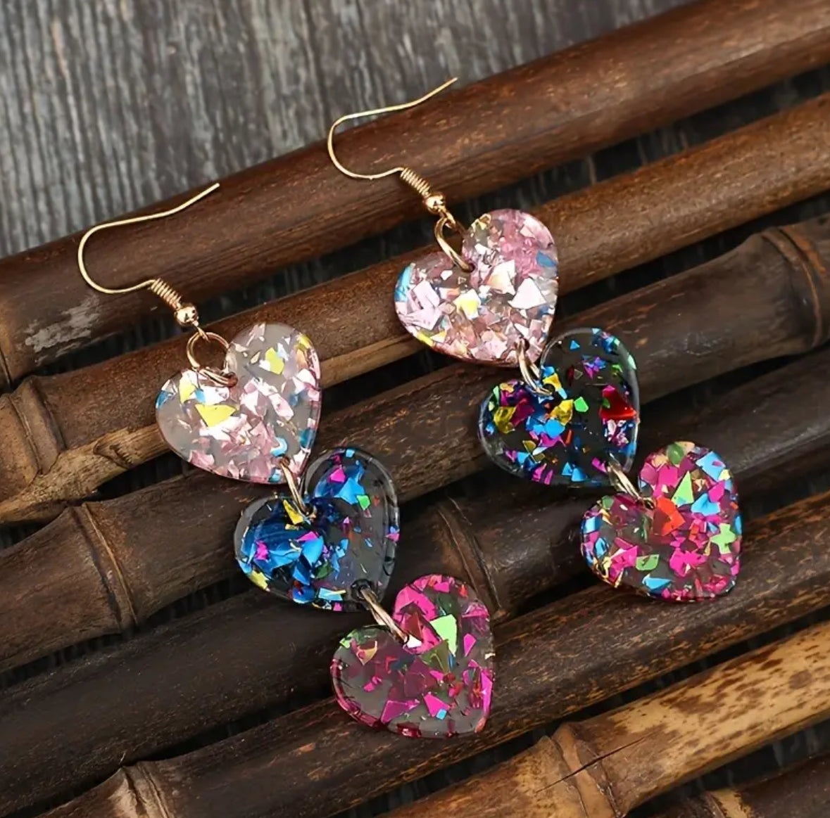 Glittering Dangling Tri-Heart Shape Earrings