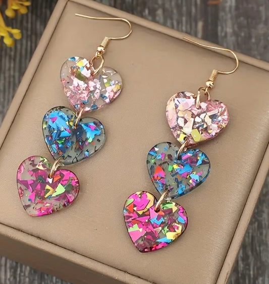Glittering Dangling Tri-Heart Shape Earrings