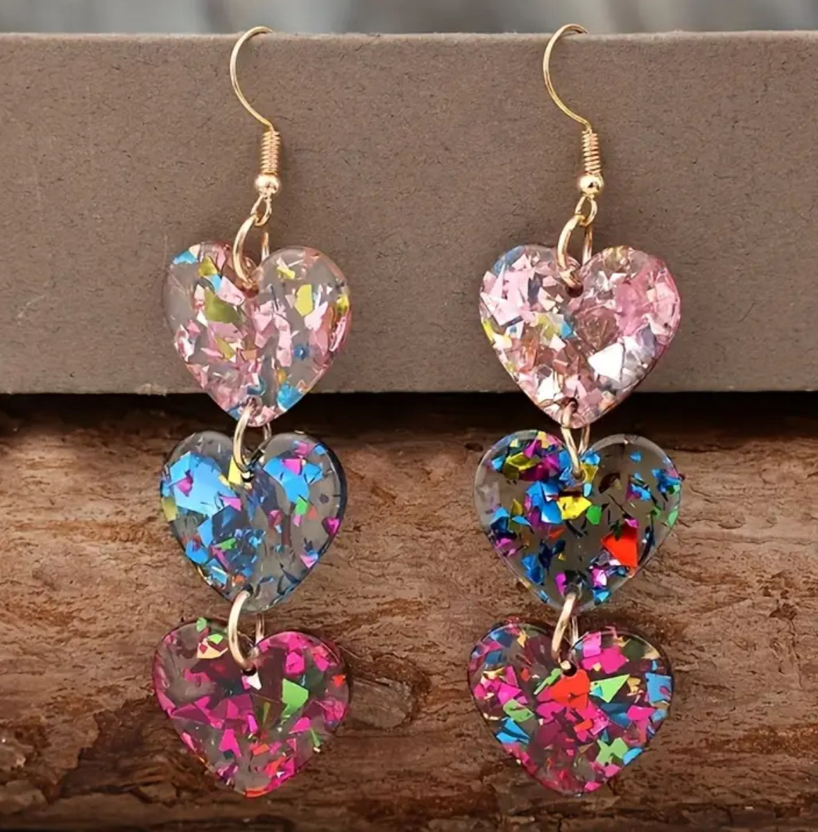 Glittering Dangling Tri-Heart Shape Earrings