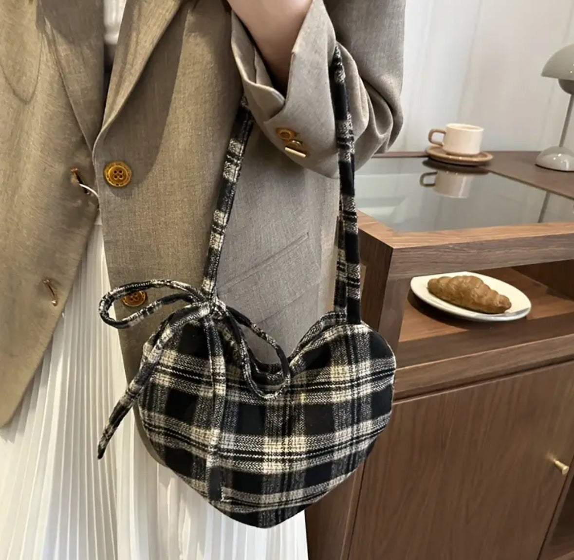 Heart-Shaped Plaid Handbag