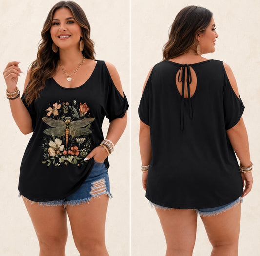 Retro Cold Shoulder Floral Dragonfly Top