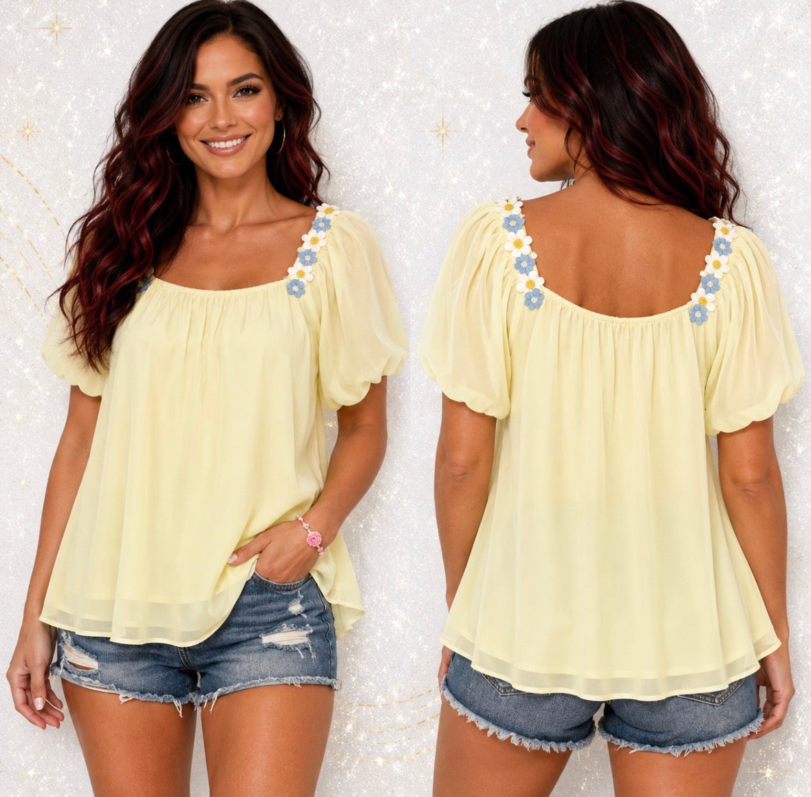 Loose Fit Top with Embroidery And Lace Trim