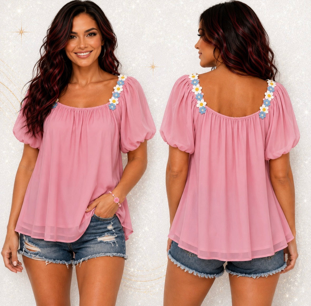 Loose Fit Top with Embroidery And Lace Trim