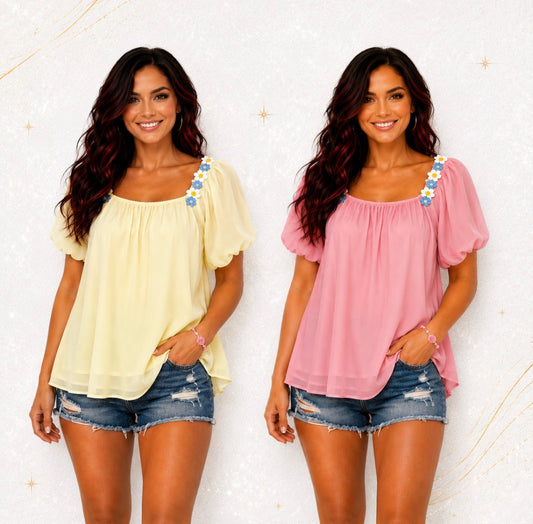 Loose Fit Top with Embroidery And Lace Trim
