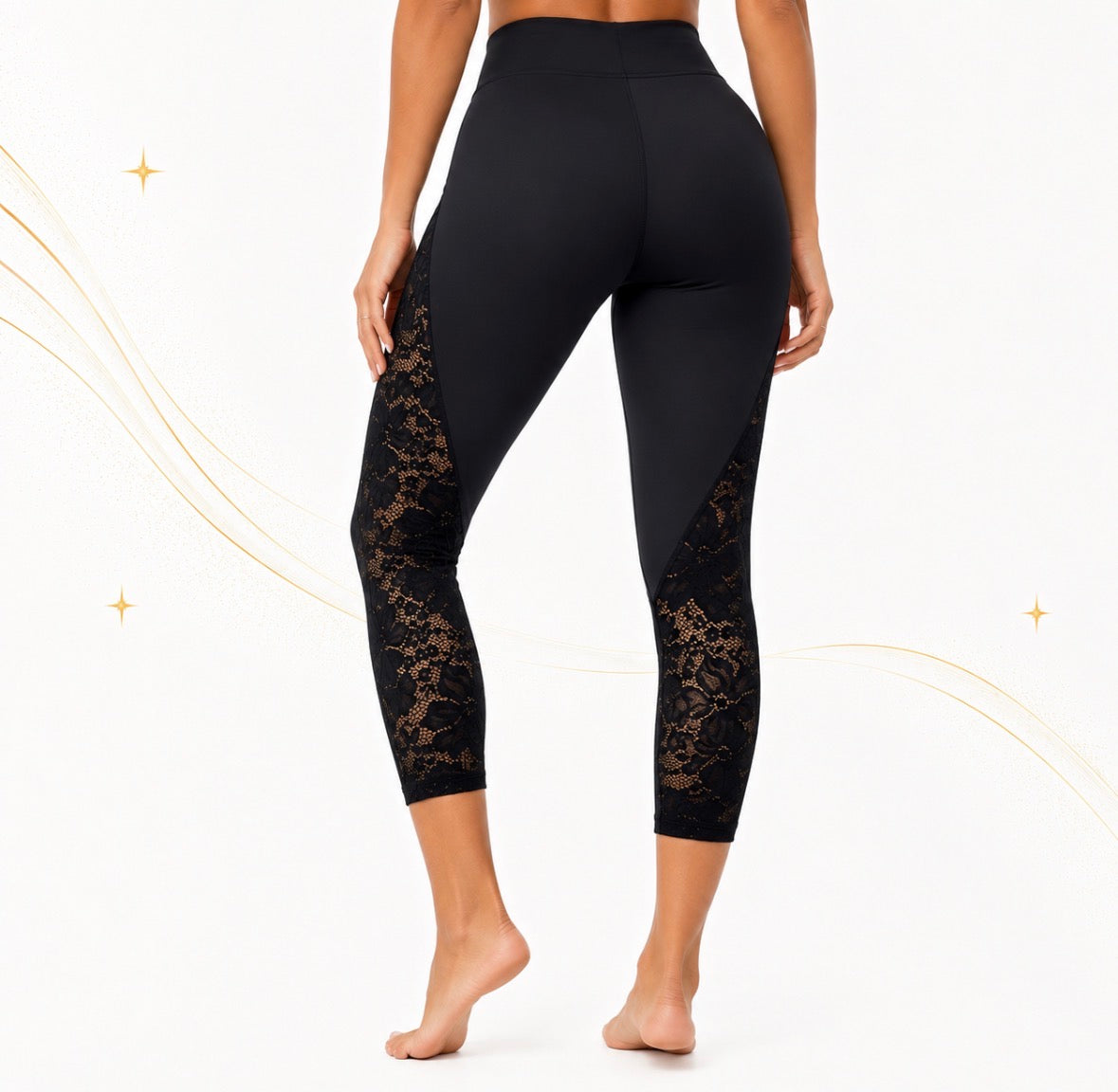 Chic High-Waisted Capri Leggings with Sheer Floral Lace Side Panels