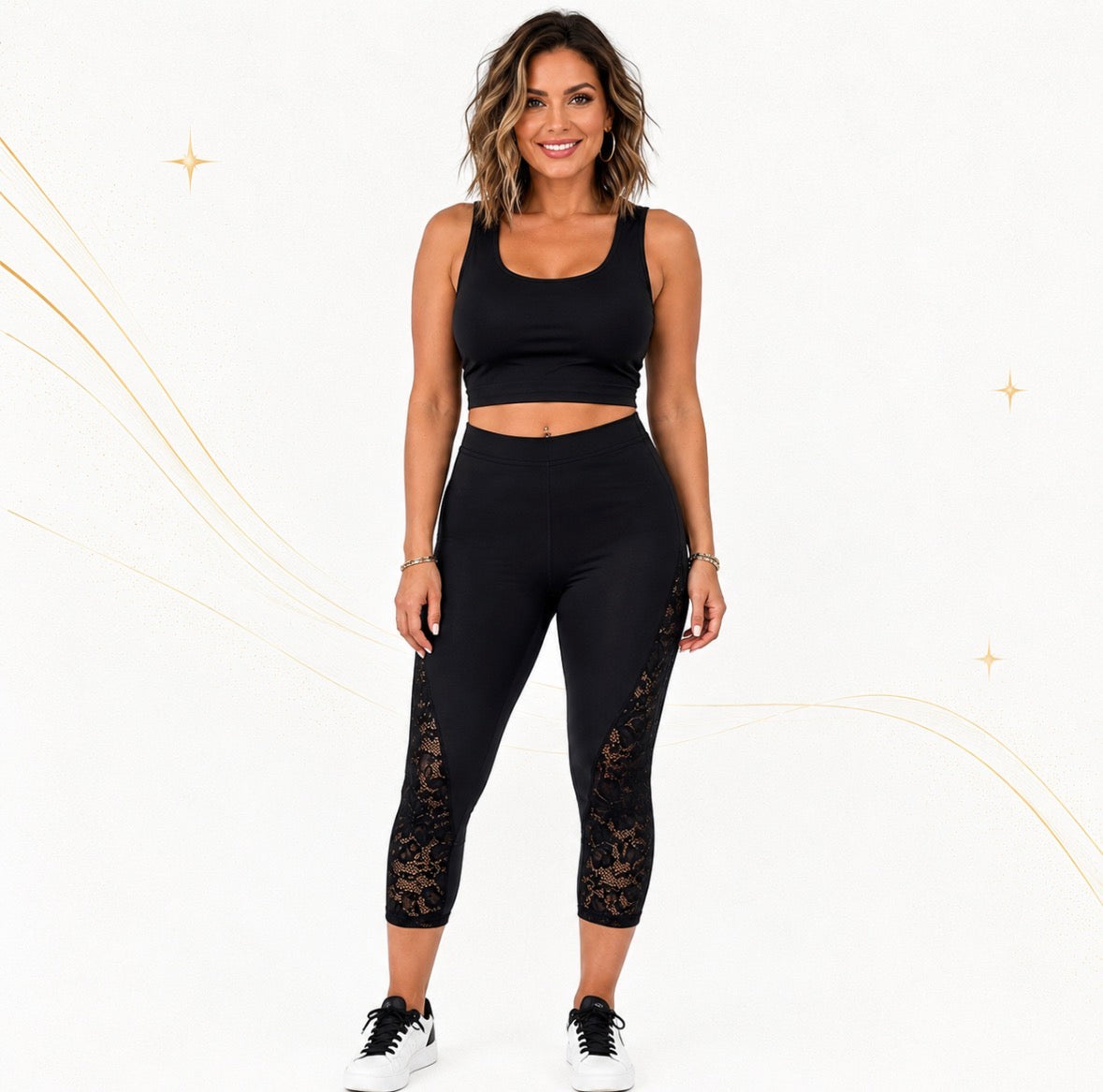 Chic High-Waisted Capri Leggings with Sheer Floral Lace Side Panels