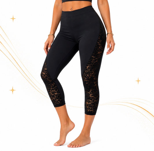 Chic High-Waisted Capri Leggings with Sheer Floral Lace Side Panels