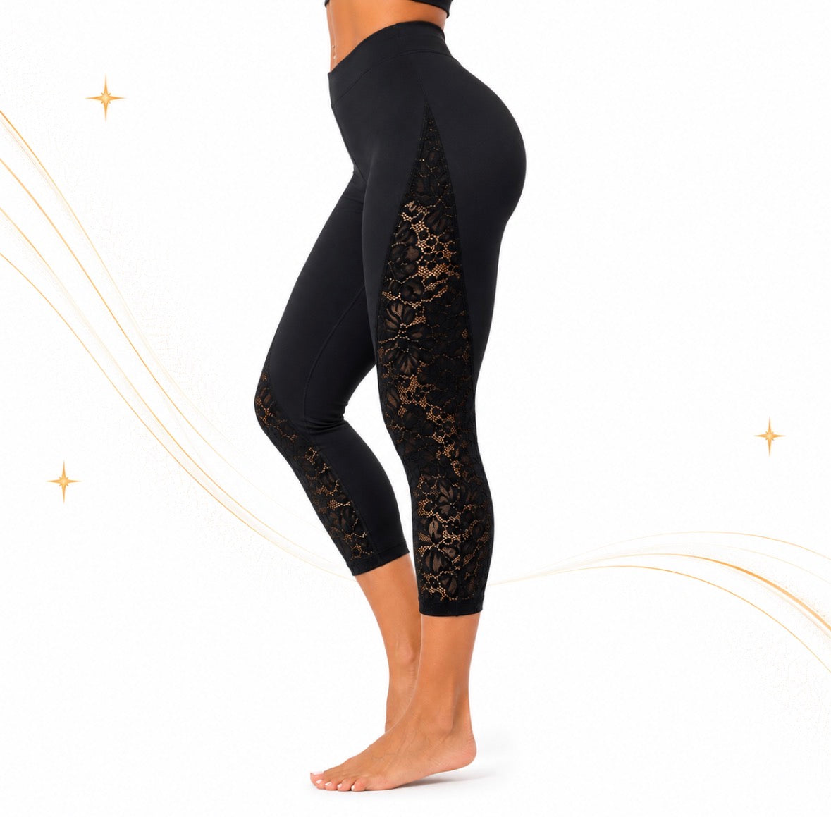Chic High-Waisted Capri Leggings with Sheer Floral Lace Side Panels
