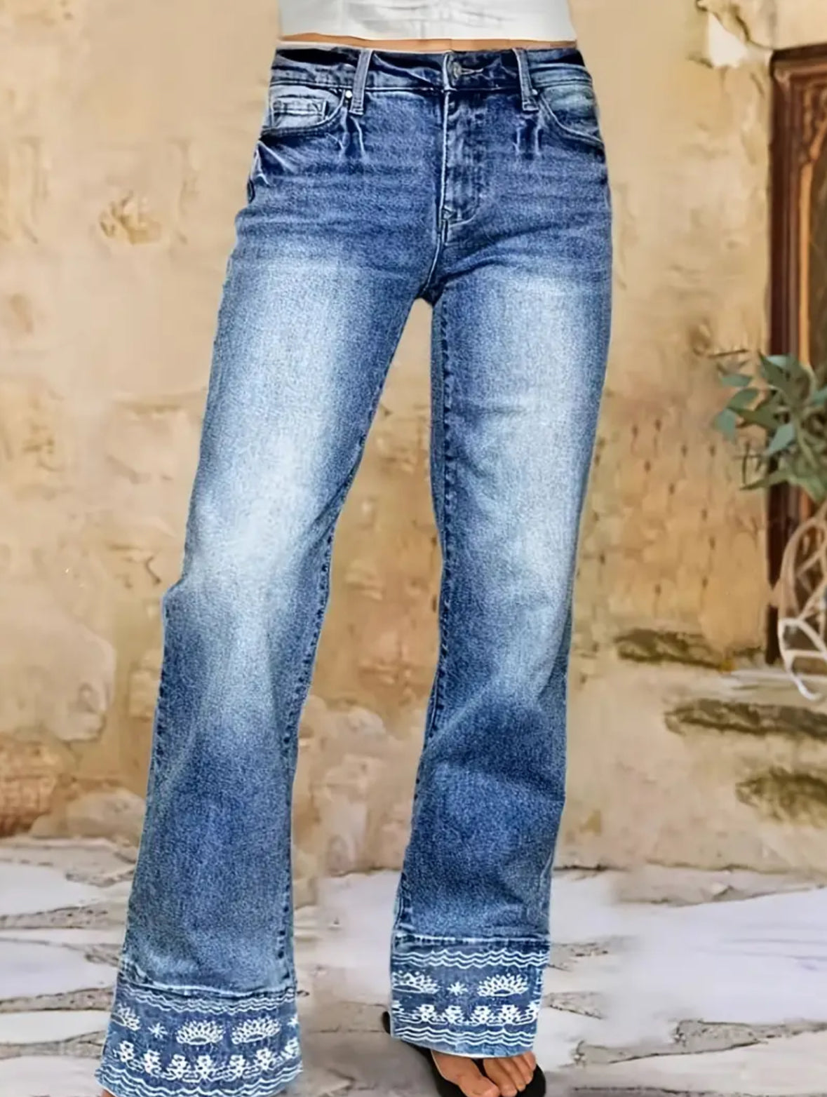 High Waisted Embroidered Hem Jeans
