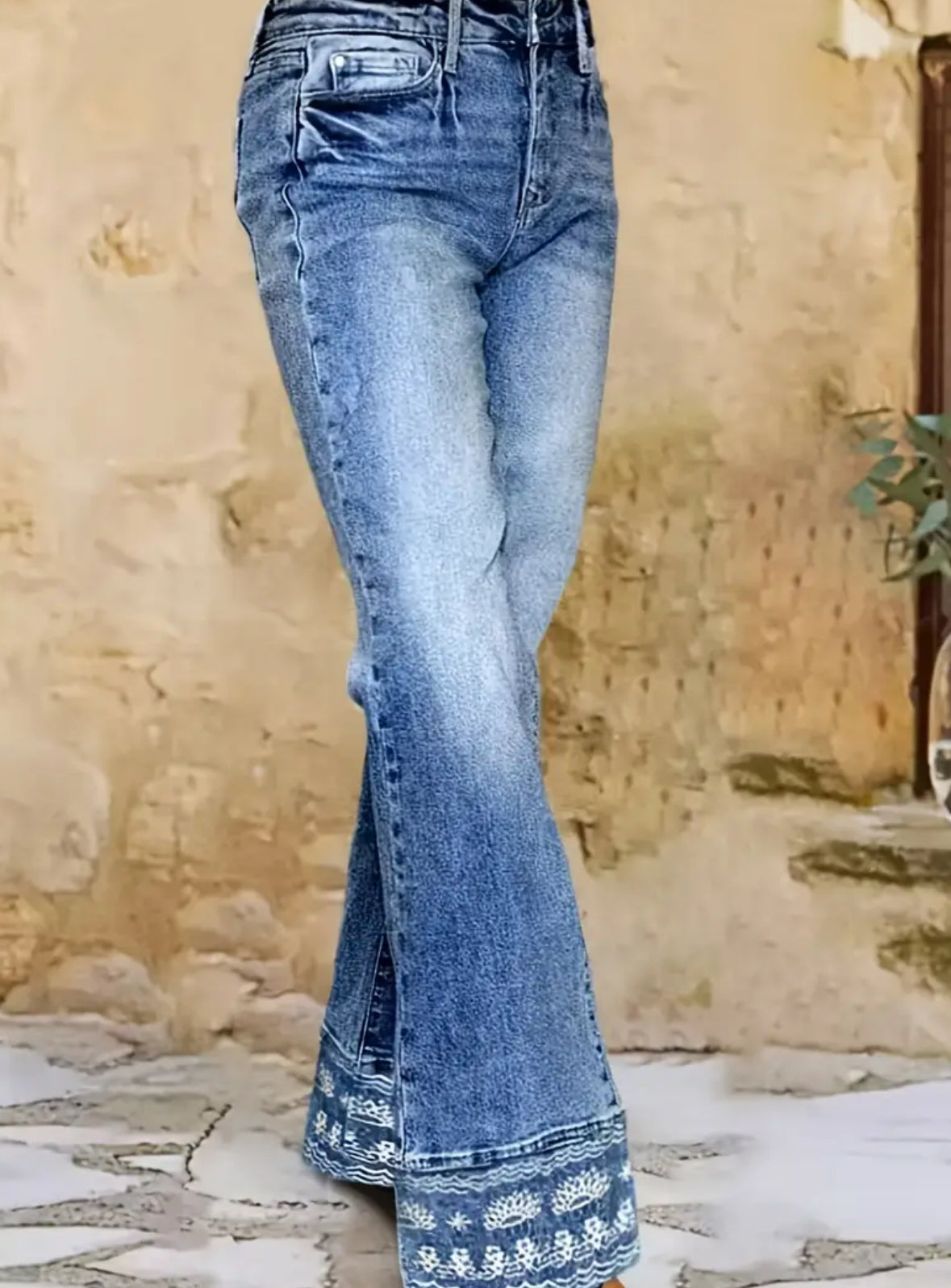 High Waisted Embroidered Hem Jeans