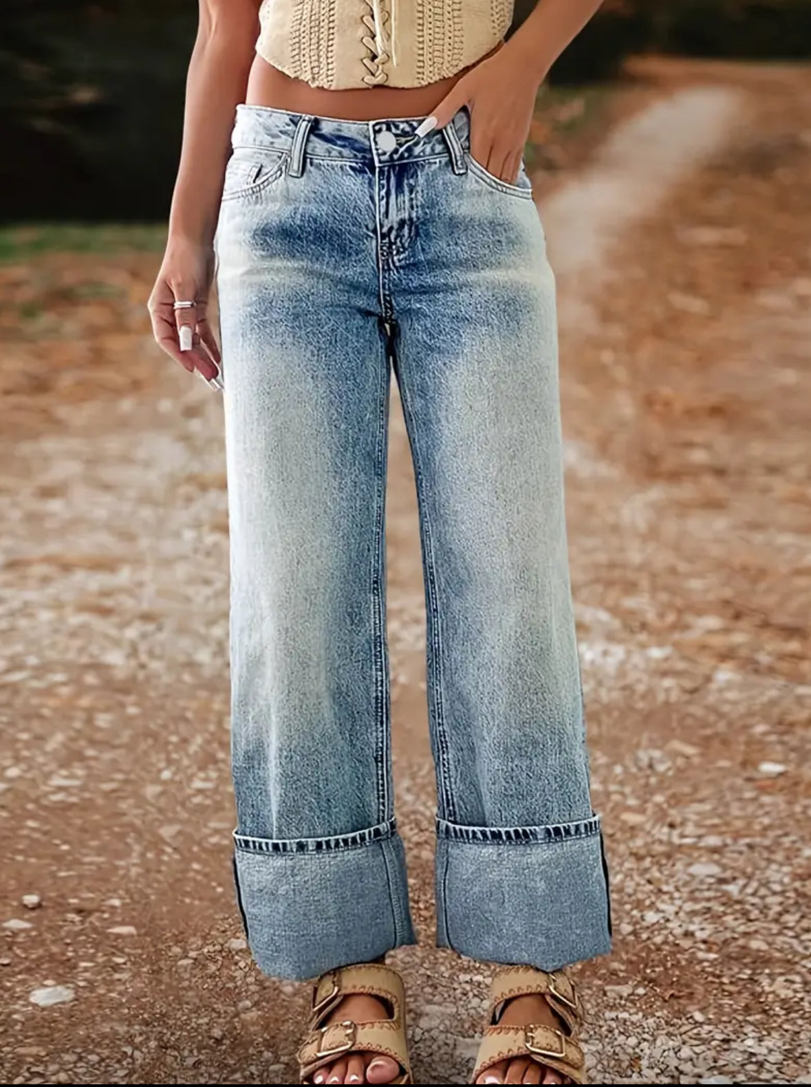 Long Cuffed Straight Leg Jeans