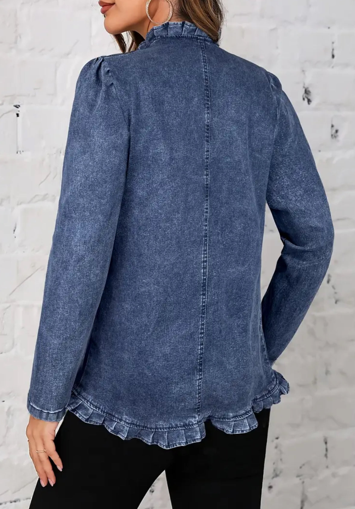 Long Sleeve Double Breasted Frill Trim Denim Jacket