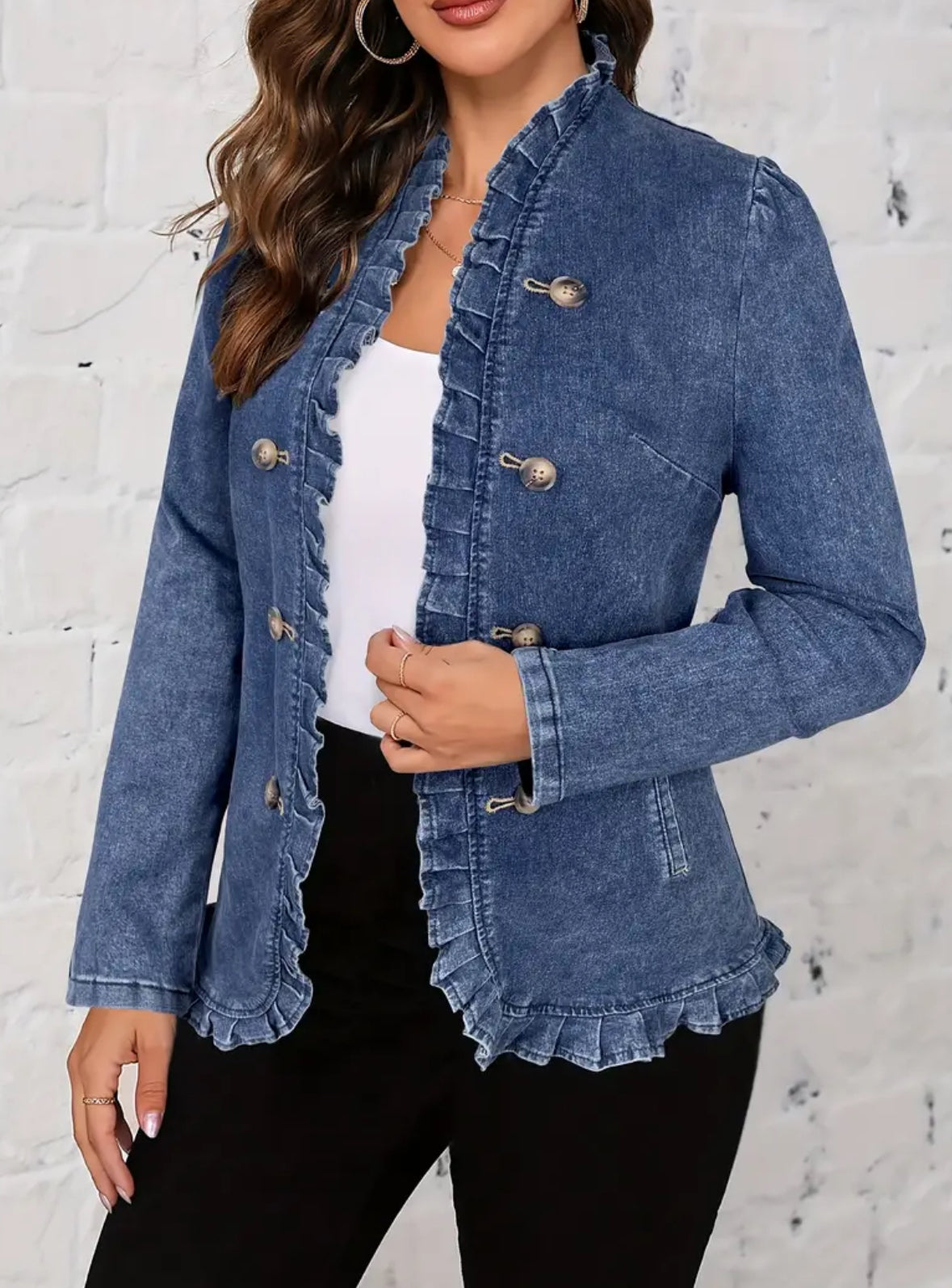 Long Sleeve Double Breasted Frill Trim Denim Jacket