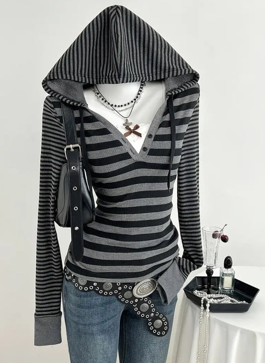 Long Sleeve Striped Hooded Pullover Top