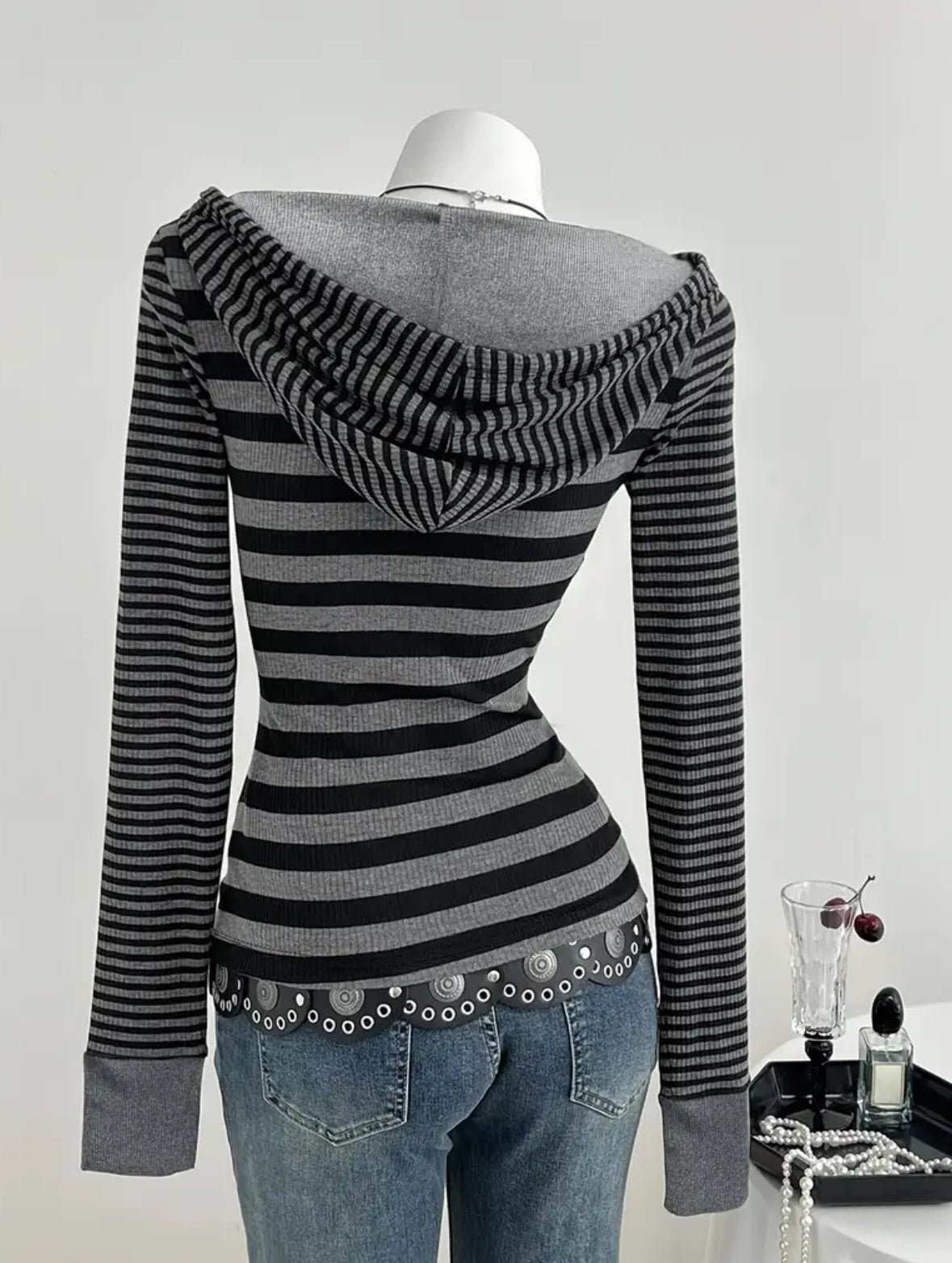 Long Sleeve Striped Hooded Pullover Top