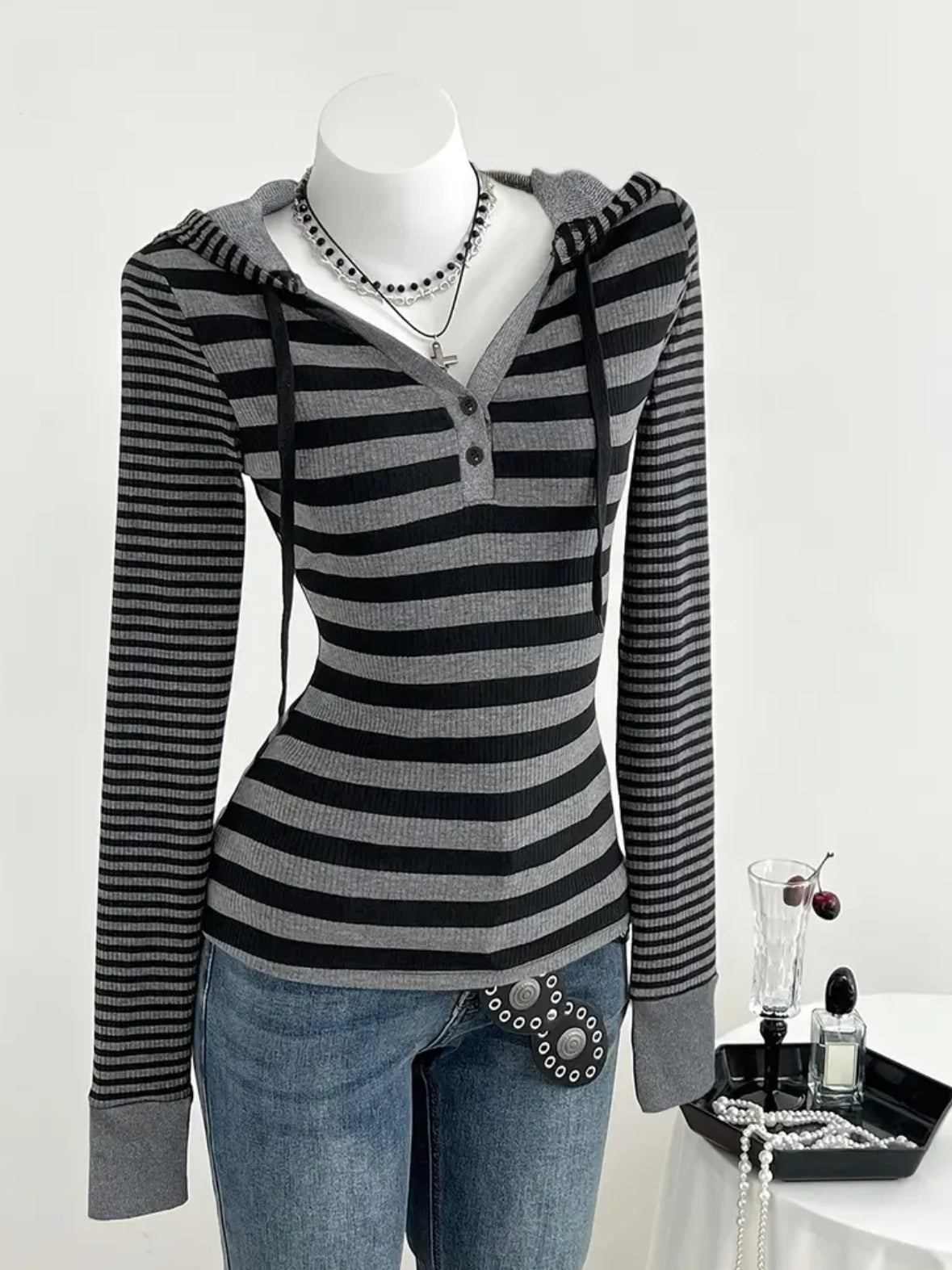 Long Sleeve Striped Hooded Pullover Top