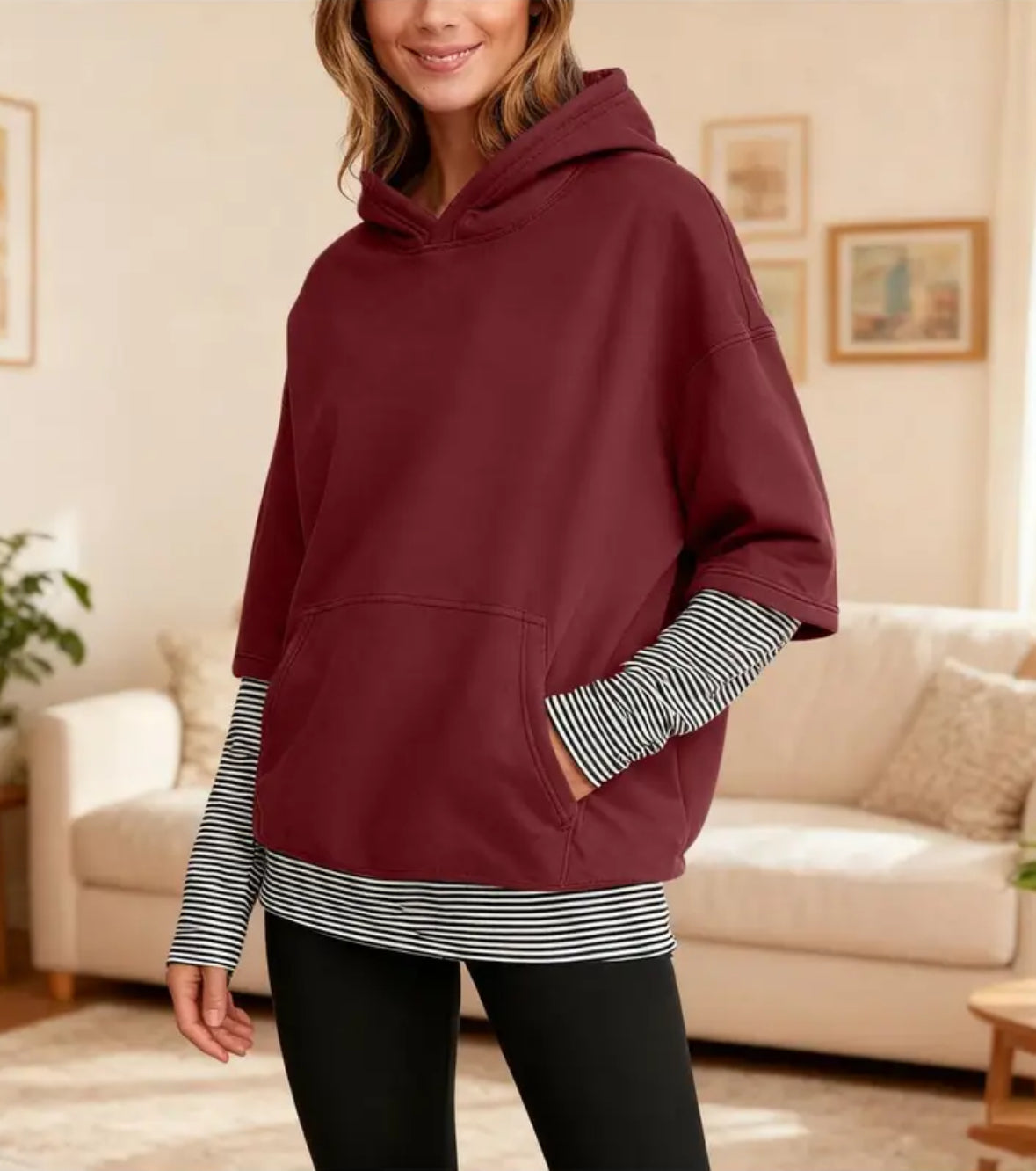 Long Sleeve Faux 2-piece Hooded Sweatshirt
